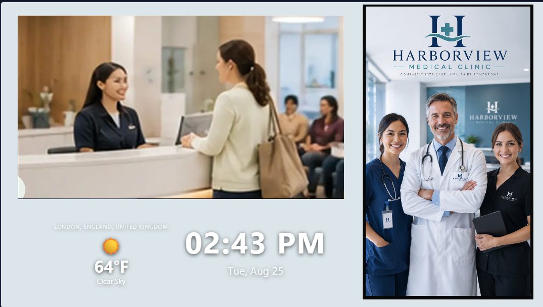 Multi-zone clinic screen with video, weather, clock and a promotion
